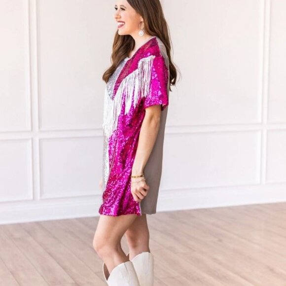 Grace + Emma - Putting On A Show Sequin Dress with Fringe - OS - Picture 3 of 5